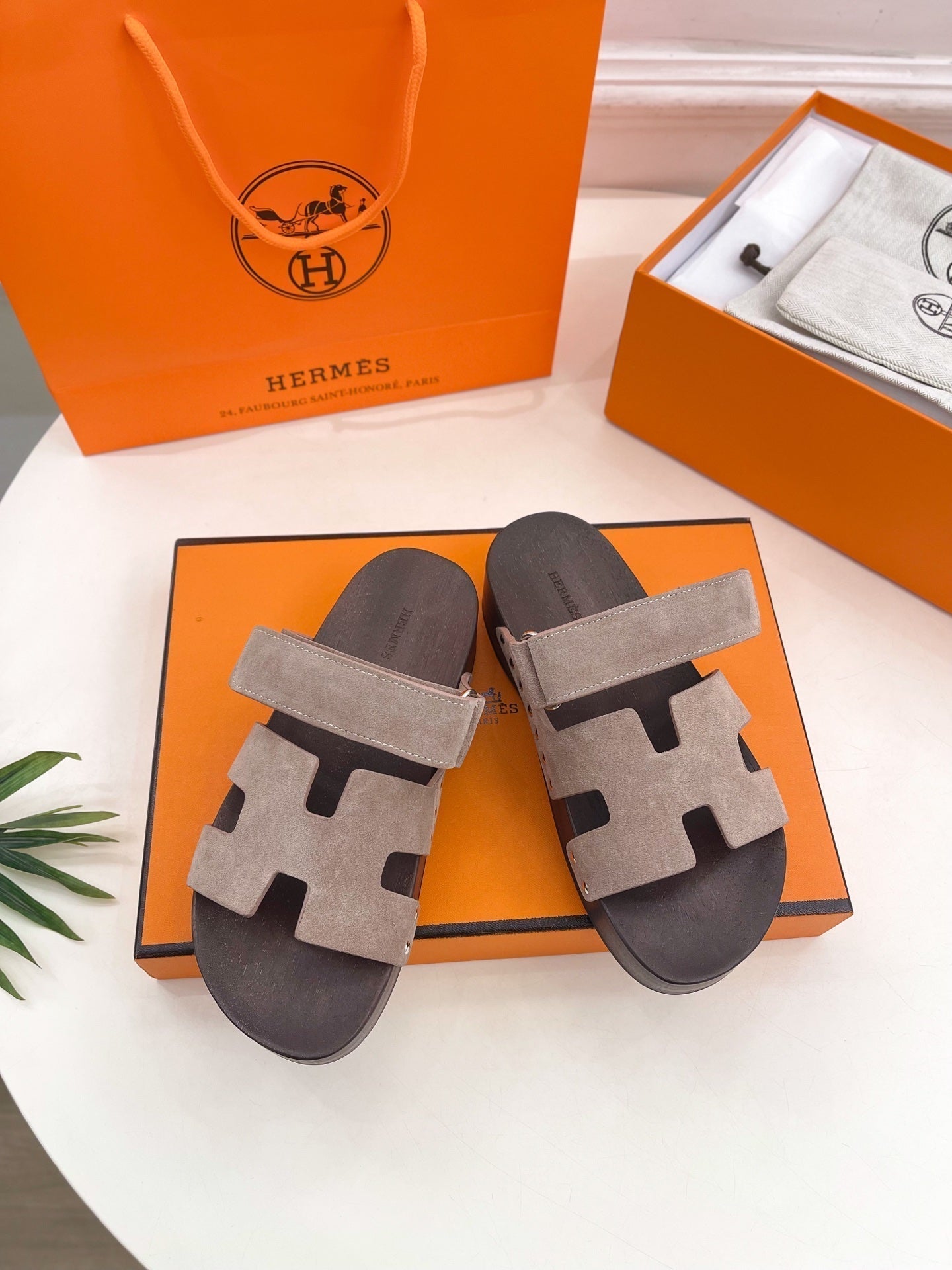 HERMES KOS CLOG IN KHAKI BROWN SUEDE