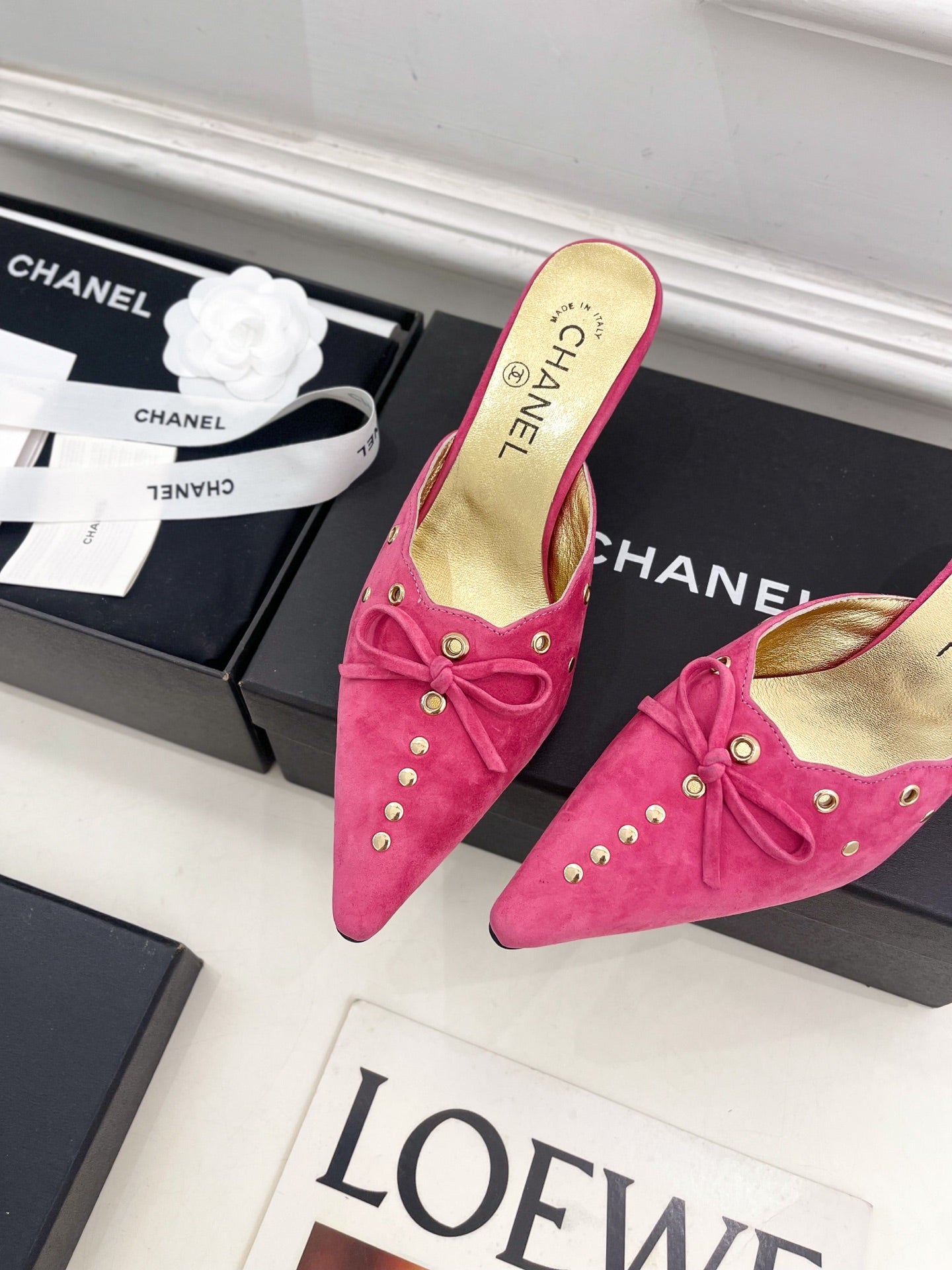 CHANEL HIGH 65 MM MULE IN DEEP PINK SUEDE