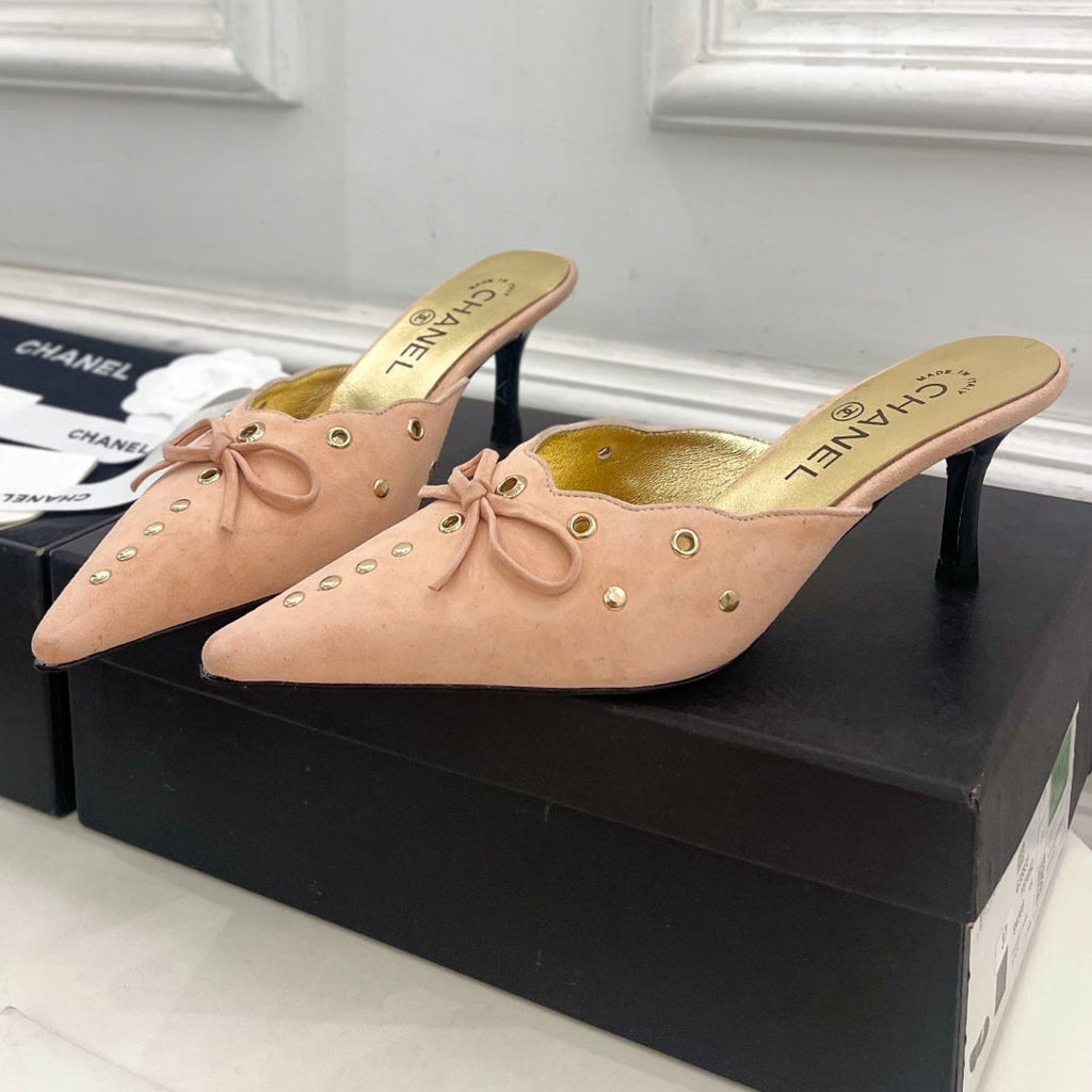 CHANEL HIGH 65 MM MULE IN PEACH PINK SUEDE