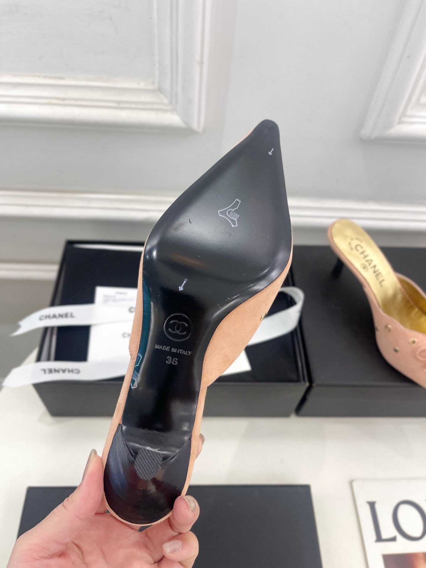 CHANEL HIGH 65 MM MULE IN PEACH PINK SUEDE