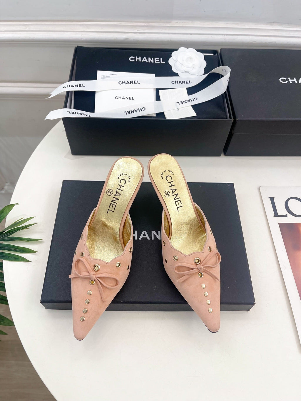 CHANEL HIGH 65 MM MULE IN PEACH PINK SUEDE