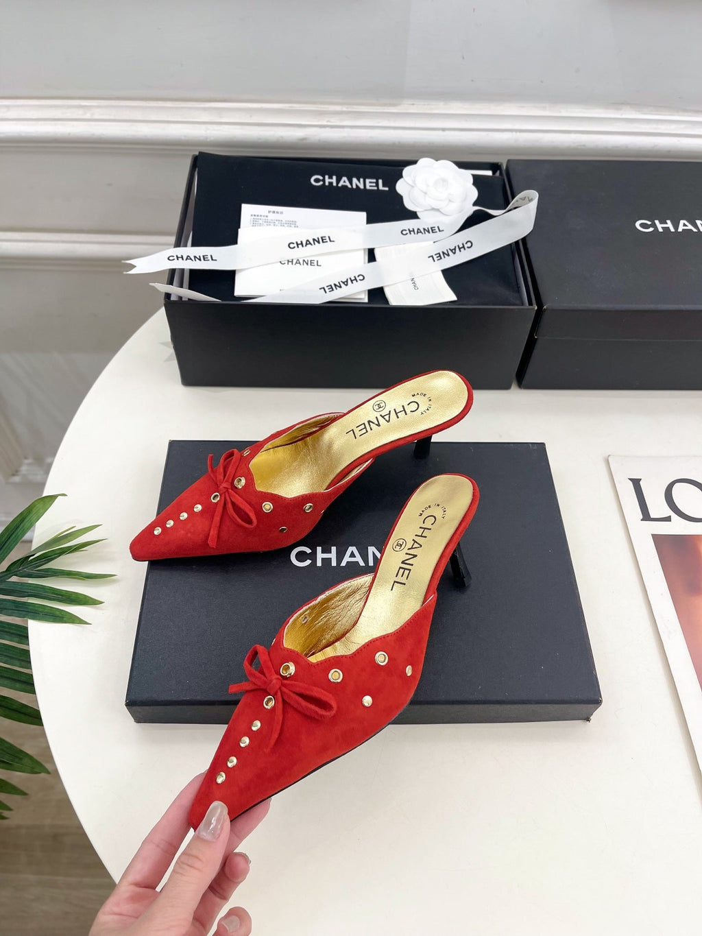 CHANEL HIGH 65 MM MULE IN CHERRY RED SUEDE