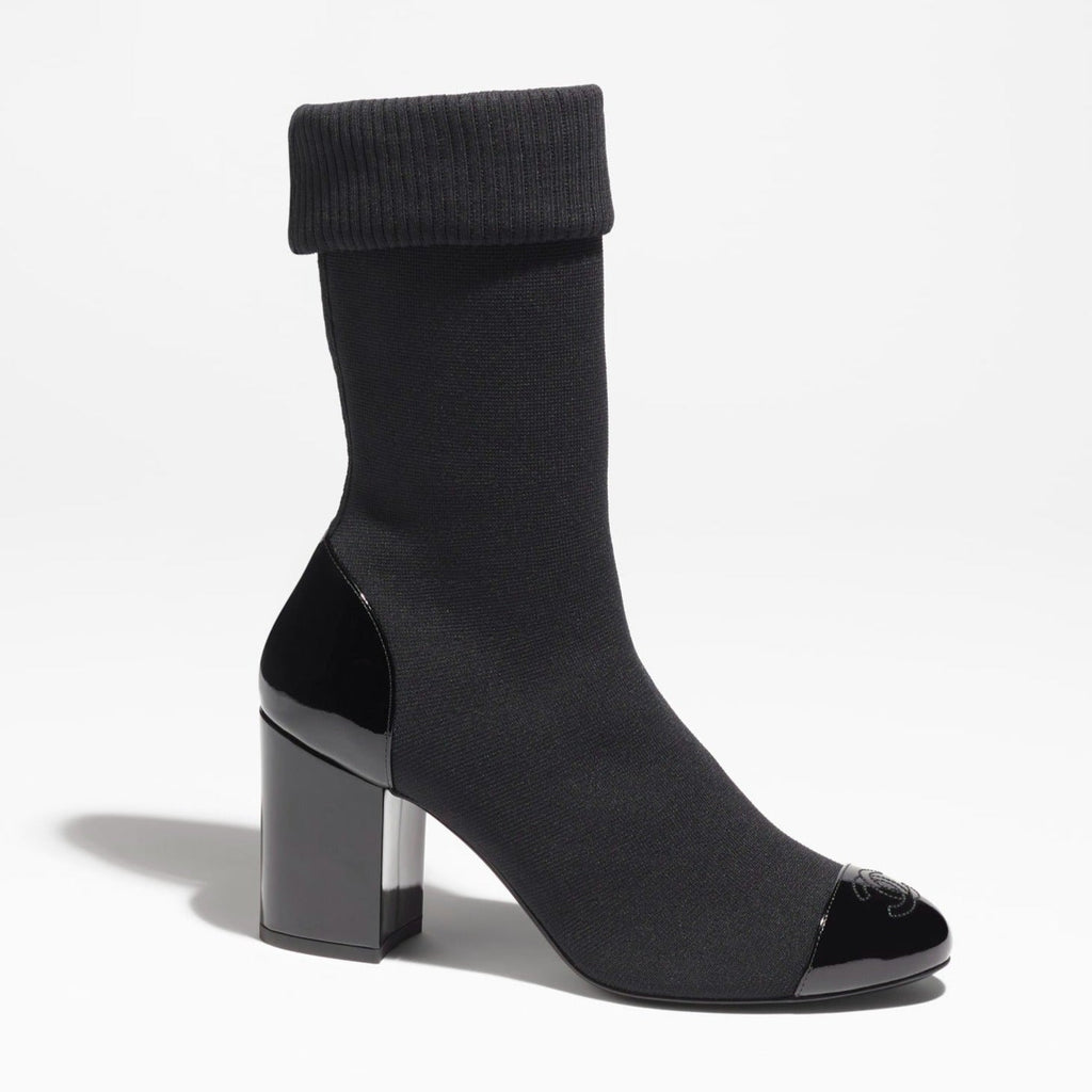 CHANEL SHORT BOOTS BLACK KNIT PATENT CALFSKIN