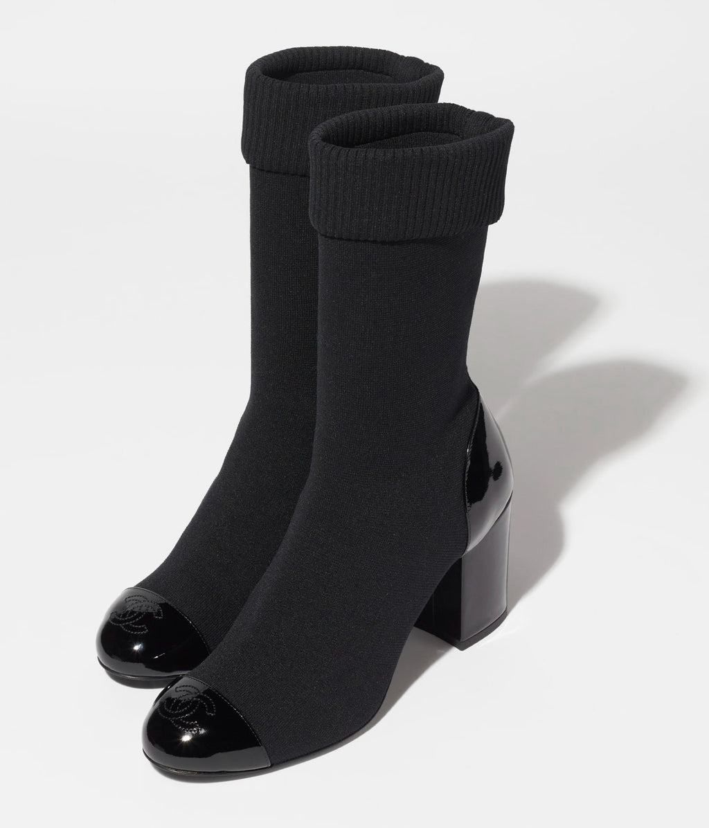 CHANEL SHORT BOOTS BLACK KNIT PATENT CALFSKIN