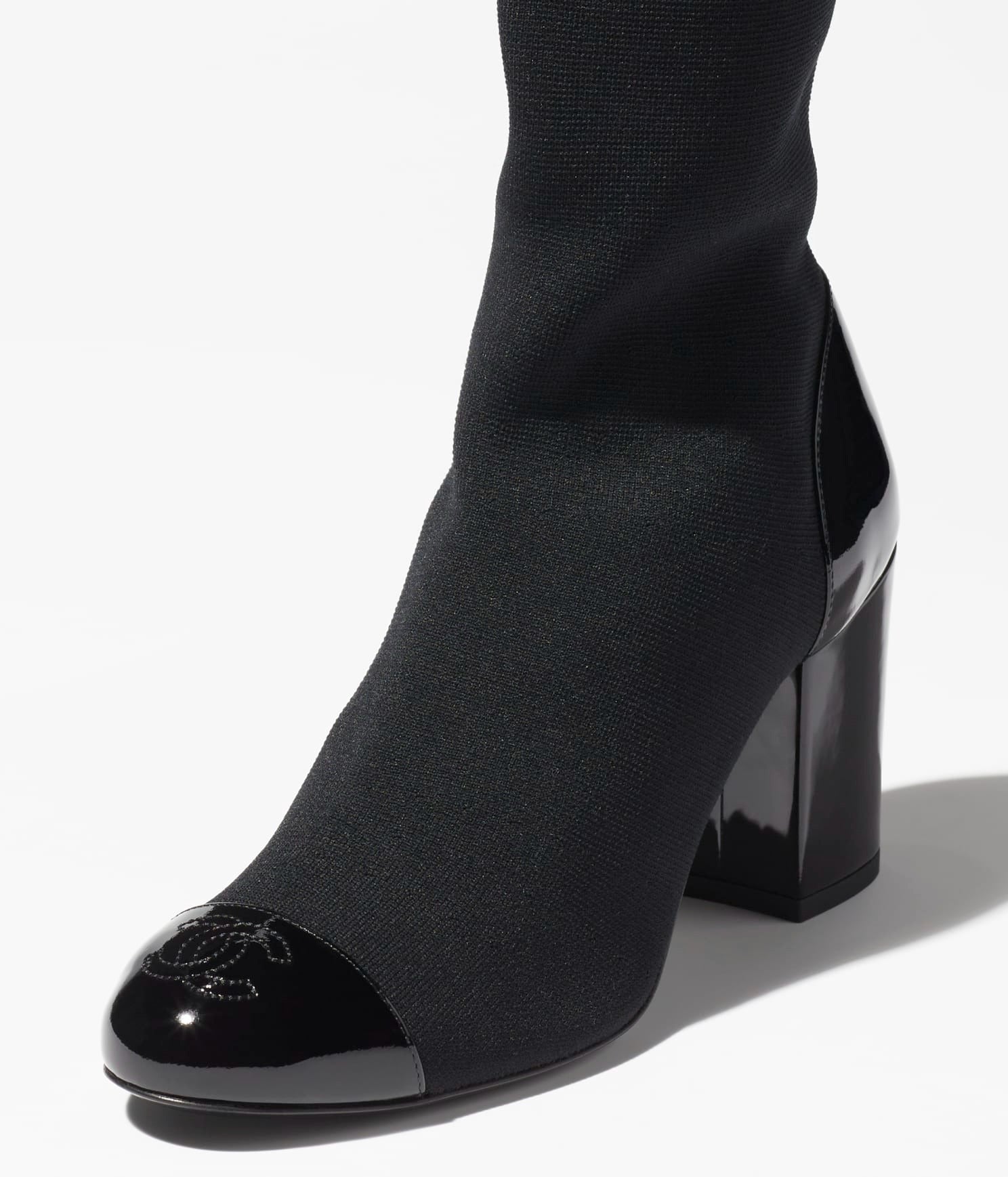 CHANEL SHORT BOOTS BLACK KNIT PATENT CALFSKIN