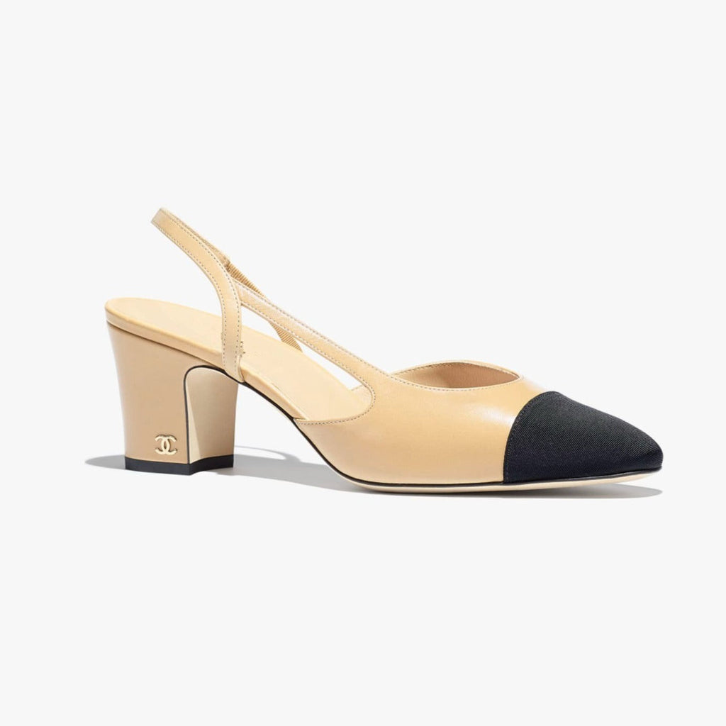 CHANEL SLINGBACKS BEIGE BLACK GOATSKIN