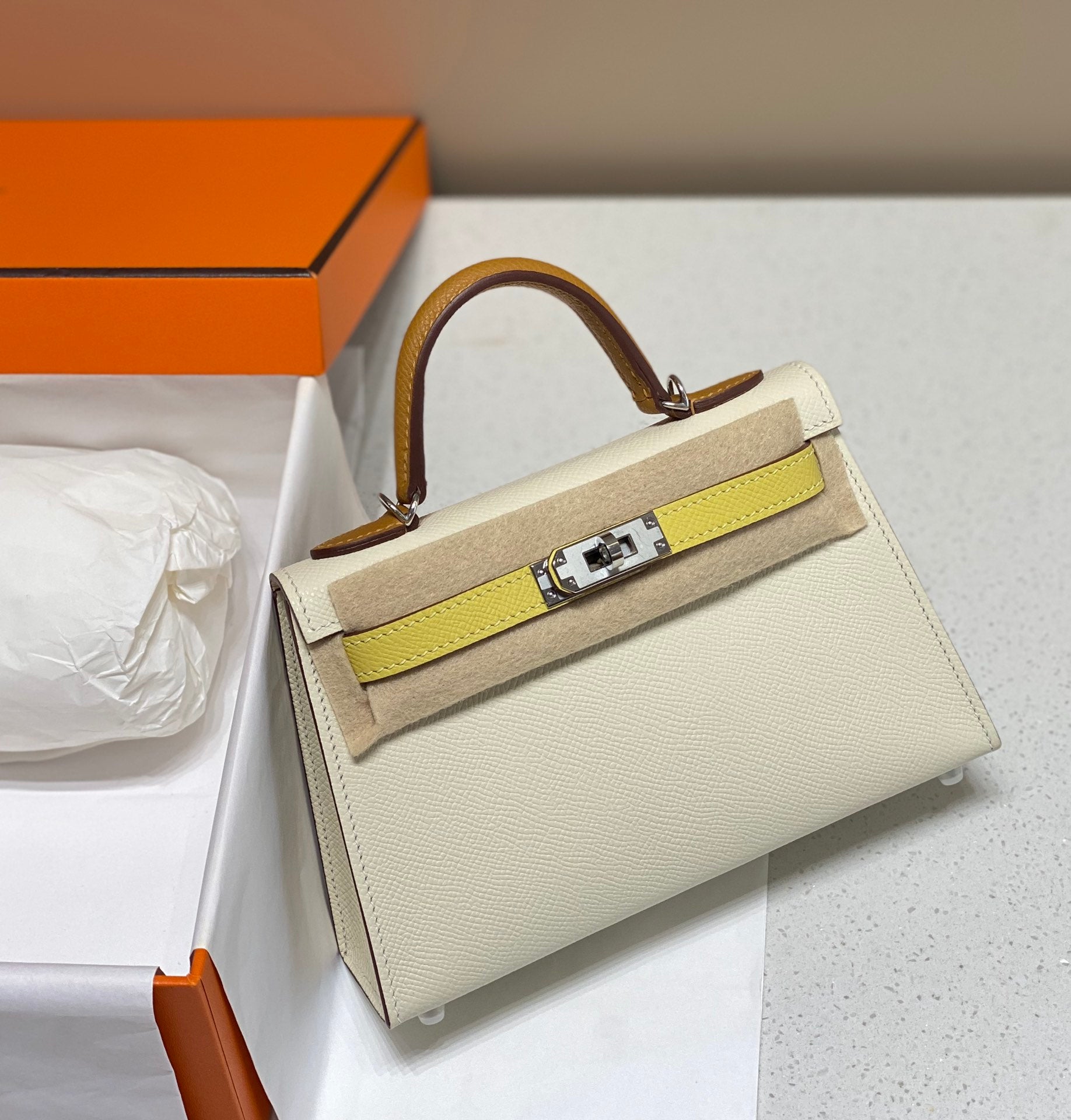 HERMES KELLY MINI 20 WHITE YELLOW BROWN EPSOM SILVER HARDWARE