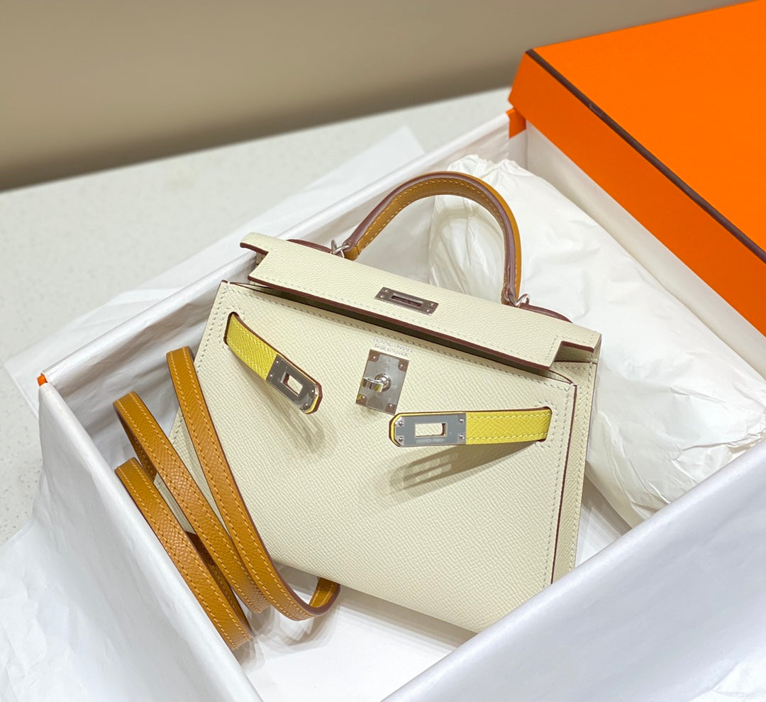 HERMES KELLY MINI 20 WHITE YELLOW BROWN EPSOM SILVER HARDWARE