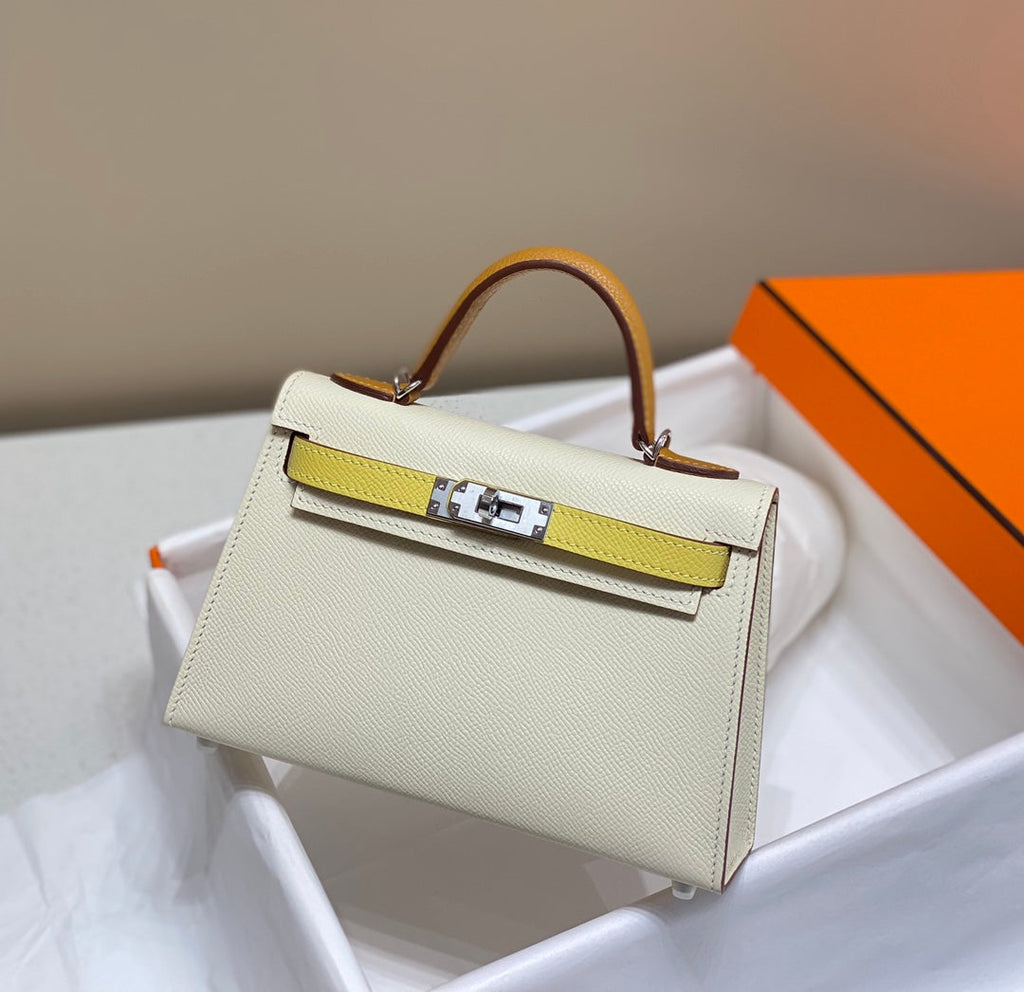 HERMES KELLY MINI 20 WHITE YELLOW BROWN EPSOM SILVER HARDWARE