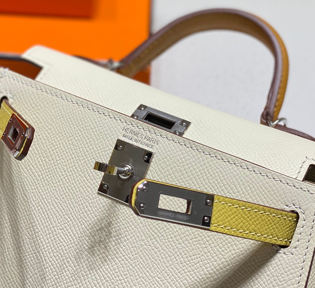 HERMES KELLY MINI 20 WHITE YELLOW BROWN EPSOM SILVER HARDWARE