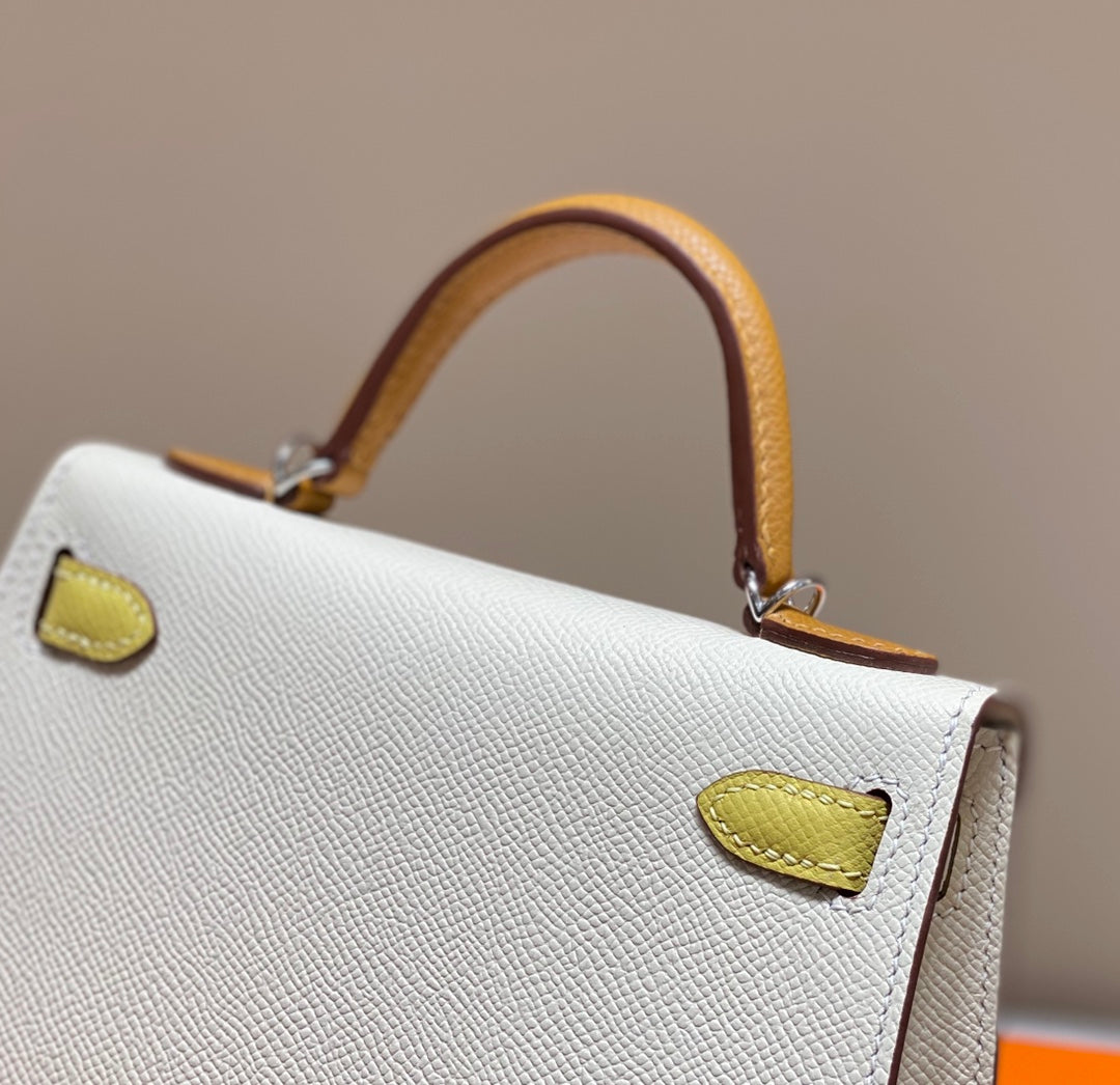 HERMES KELLY MINI 20 WHITE YELLOW BROWN EPSOM SILVER HARDWARE