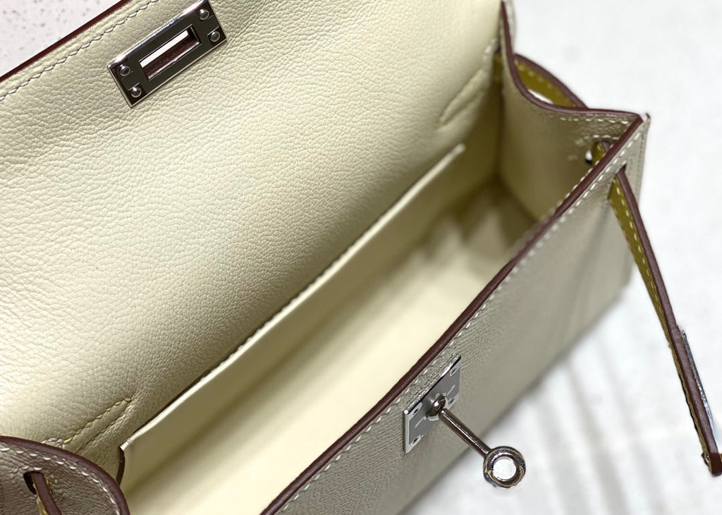 HERMES KELLY MINI 20 WHITE YELLOW BROWN EPSOM SILVER HARDWARE