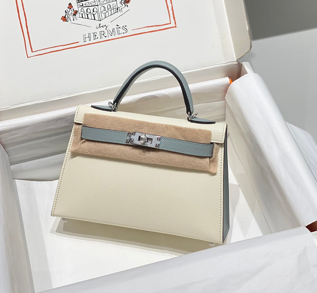HERMES KELLY MINI 20 WHITE GLACIER GRAY EPSOM SILVER HARDWARE