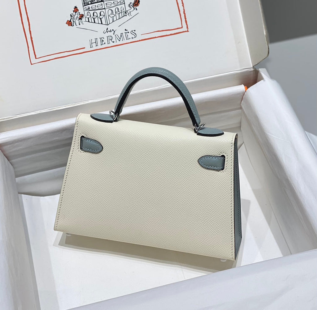 HERMES KELLY MINI 20 WHITE GLACIER GRAY EPSOM SILVER HARDWARE