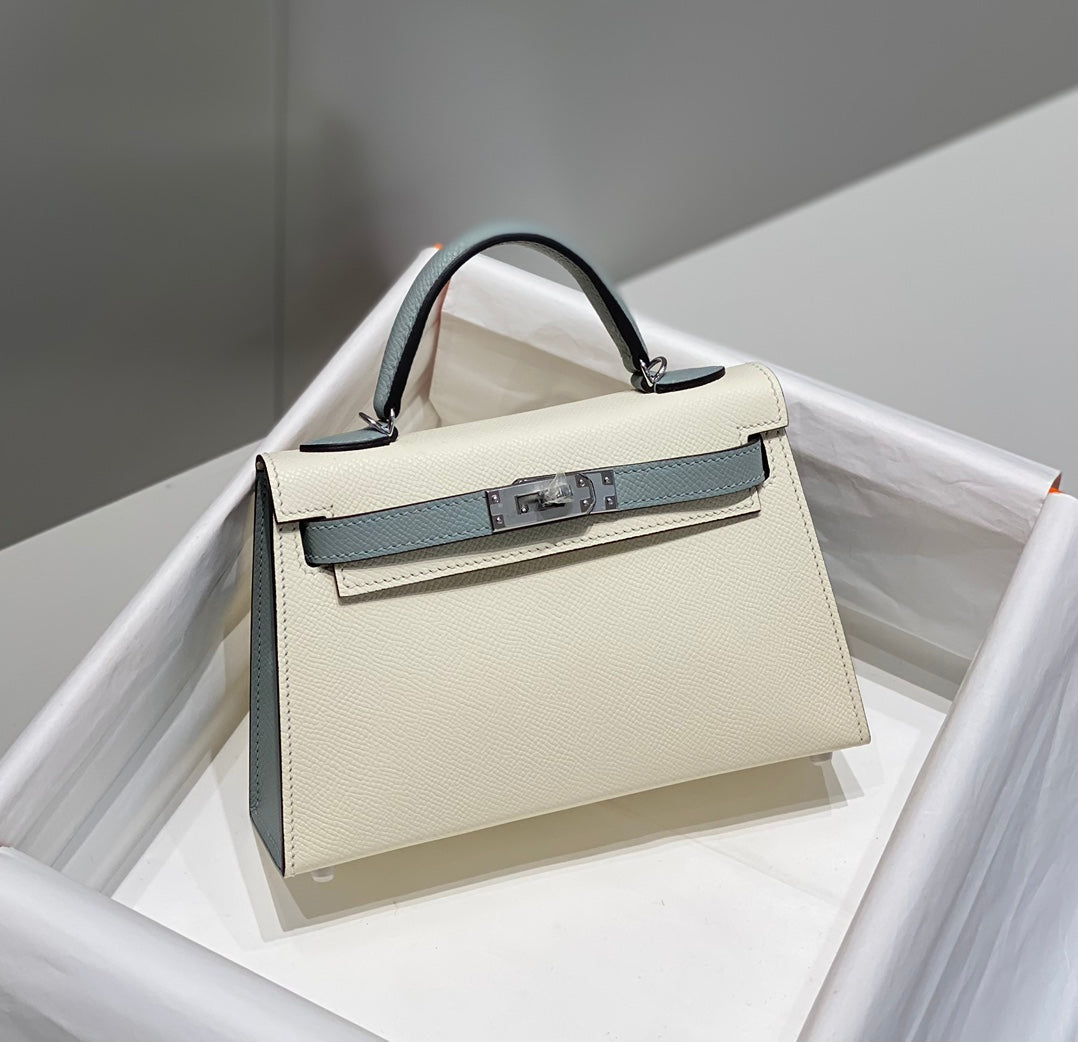 HERMES KELLY MINI 20 WHITE GLACIER GRAY EPSOM SILVER HARDWARE