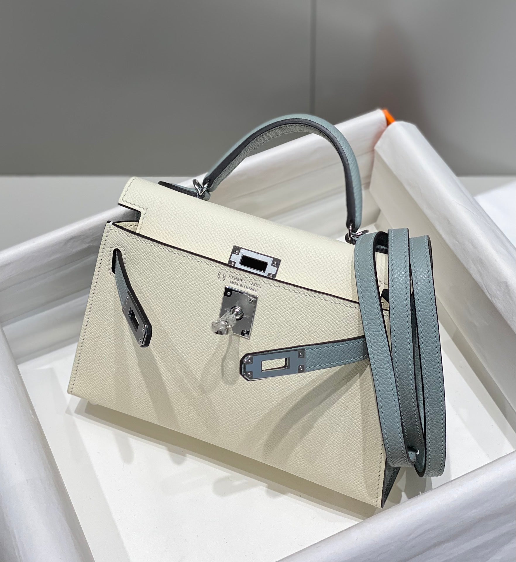 HERMES KELLY MINI 20 WHITE GLACIER GRAY EPSOM SILVER HARDWARE