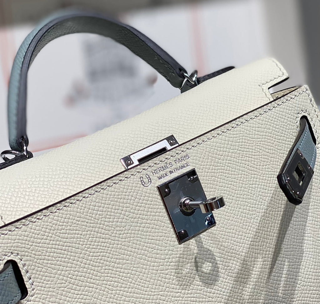 HERMES KELLY MINI 20 WHITE GLACIER GRAY EPSOM SILVER HARDWARE