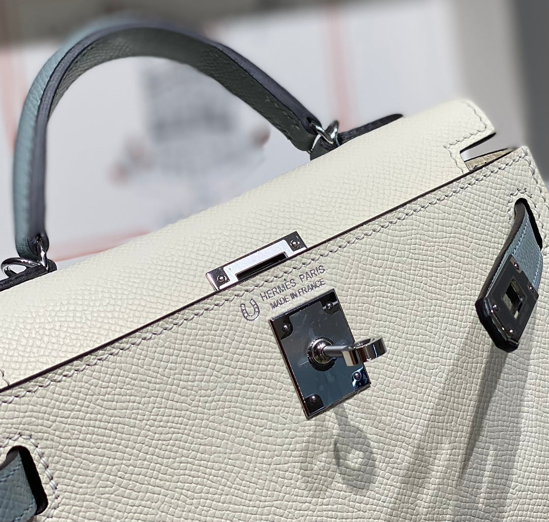 HERMES KELLY MINI 20 WHITE GLACIER GRAY EPSOM SILVER HARDWARE