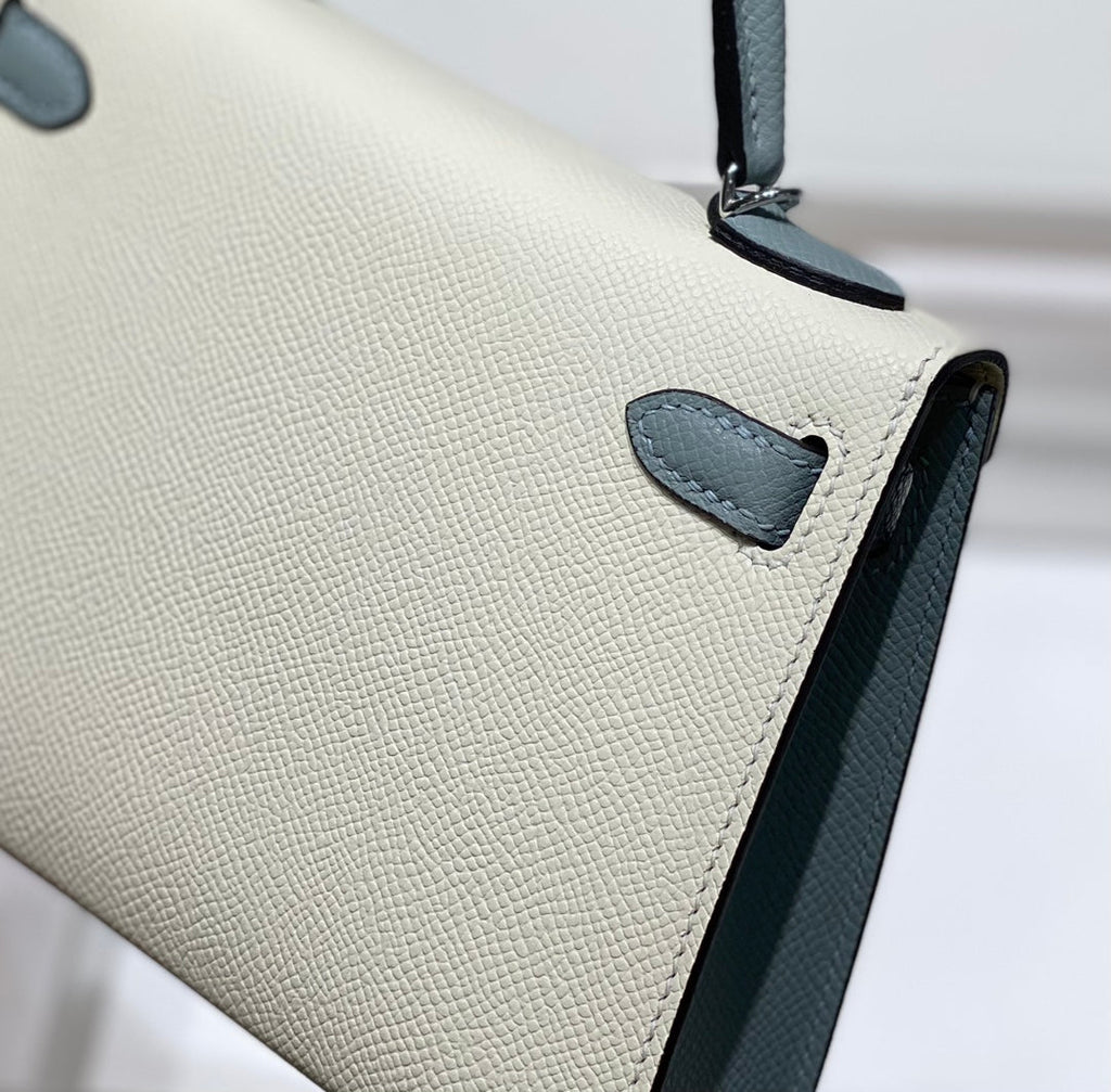 HERMES KELLY MINI 20 WHITE GLACIER GRAY EPSOM SILVER HARDWARE