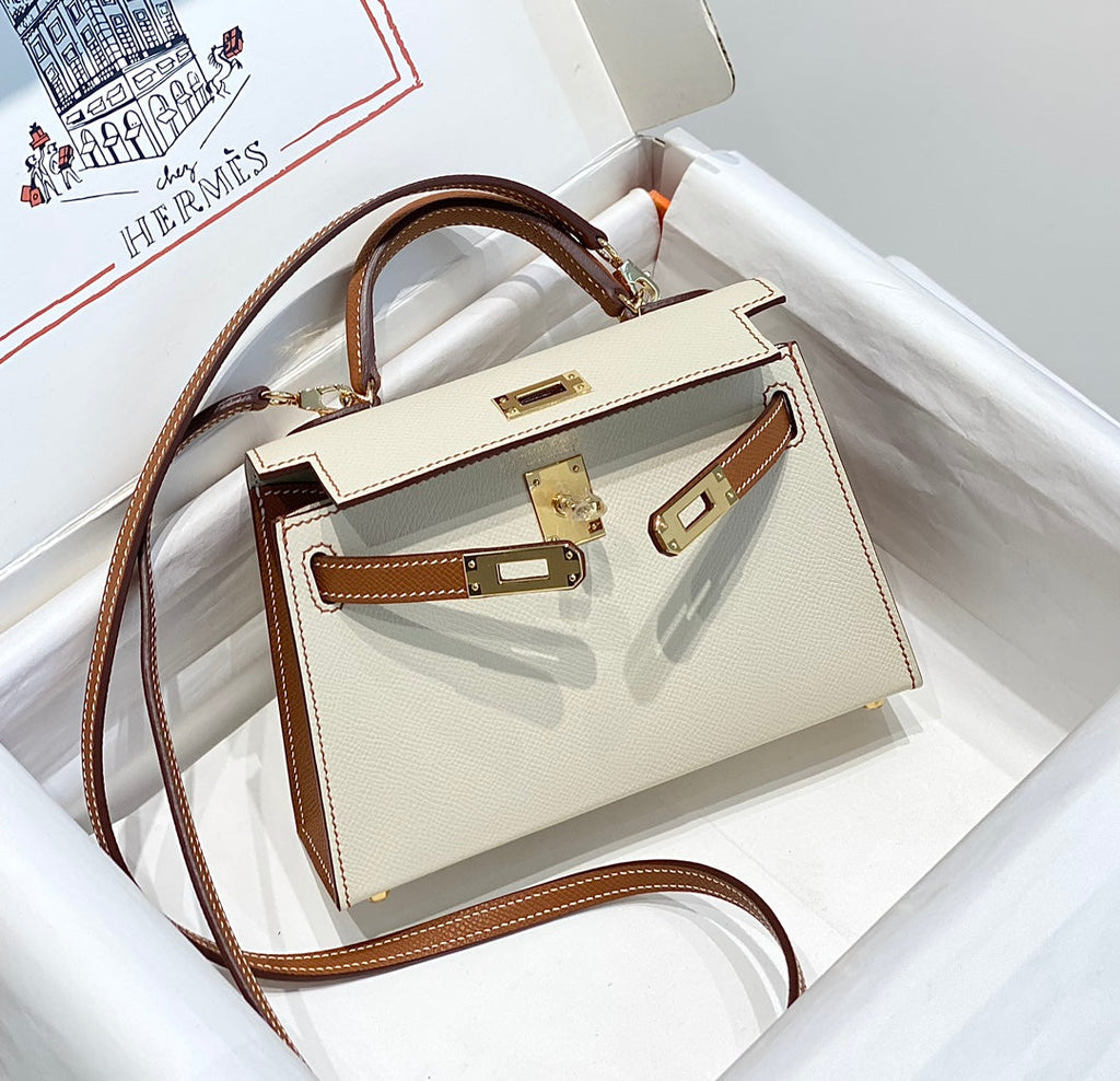 HERMES KELLY MINI 20 WHITE GOLDEN BROWN EPSOM GOLD HARDWARE