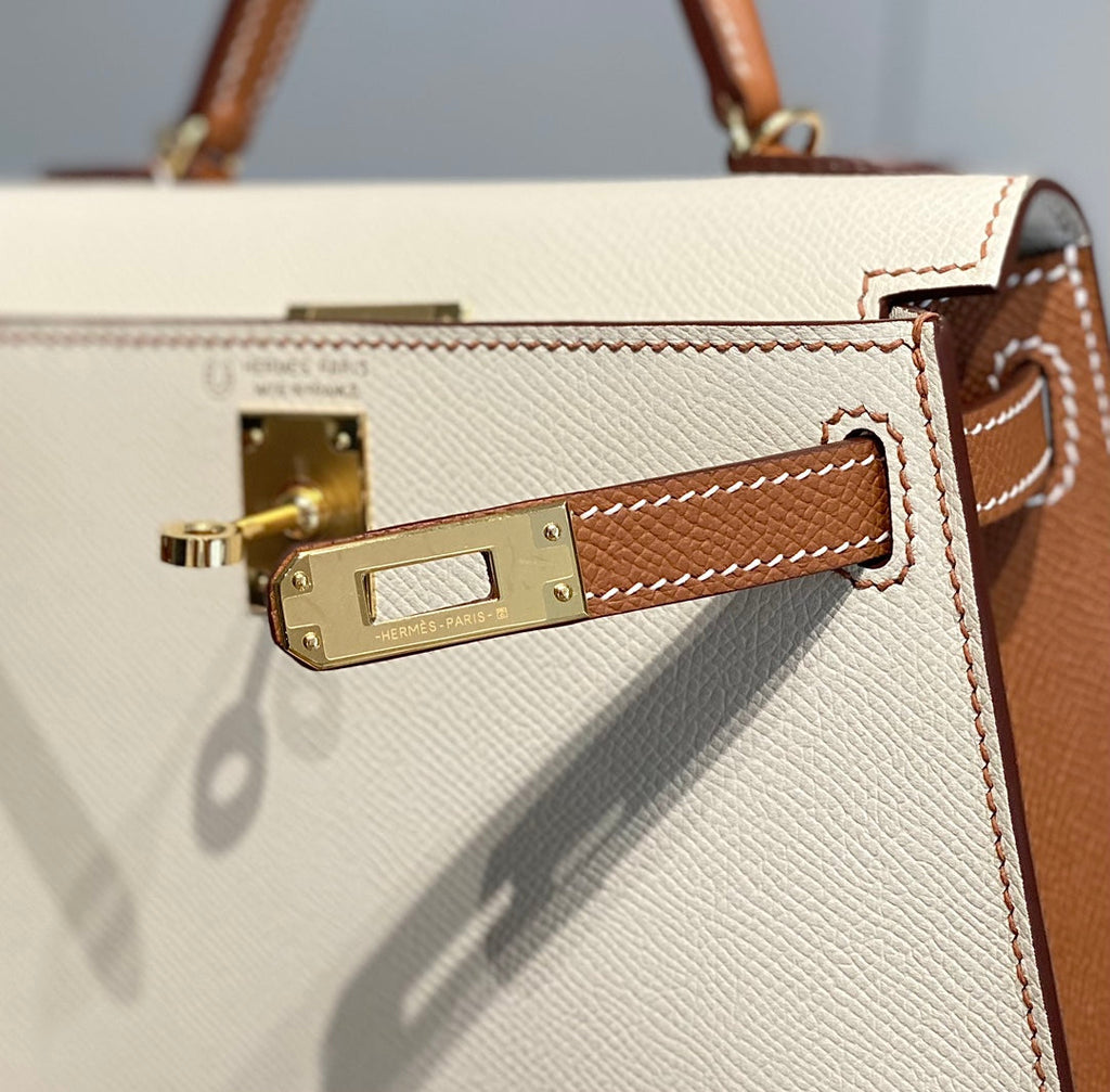 HERMES KELLY MINI 20 WHITE GOLDEN BROWN EPSOM GOLD HARDWARE
