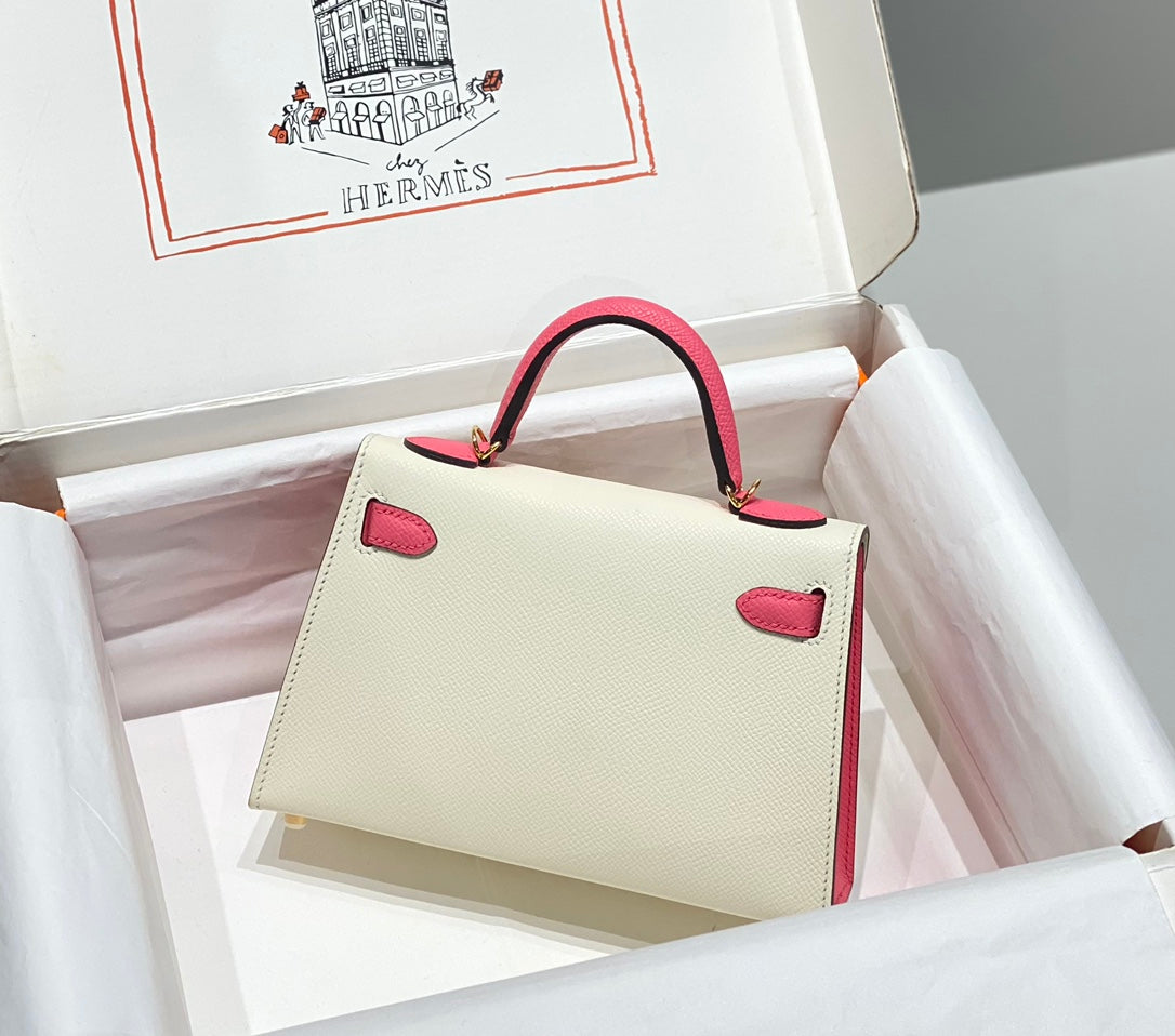HERMES KELLY MINI 20 WHITE PINK EPSOM GOLD HARDWARE