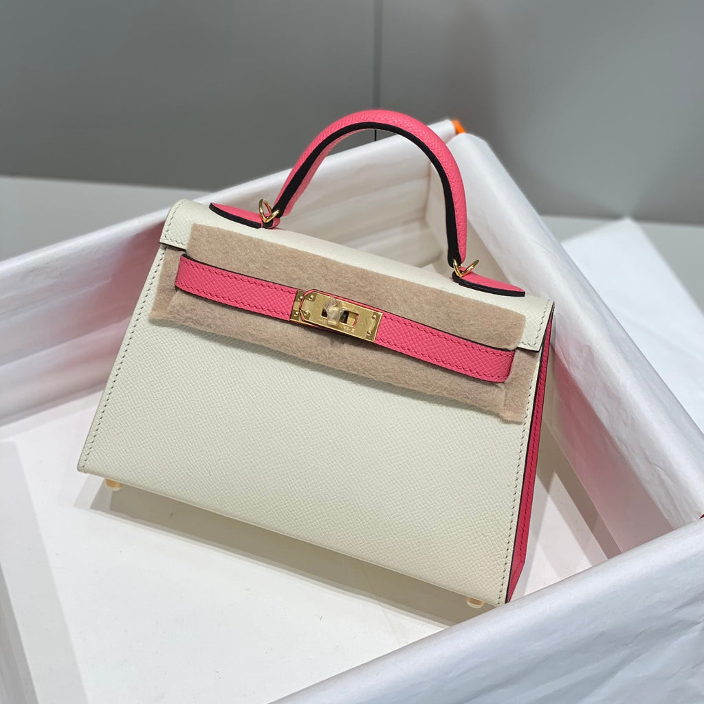 HERMES KELLY MINI 20 WHITE PINK EPSOM GOLD HARDWARE