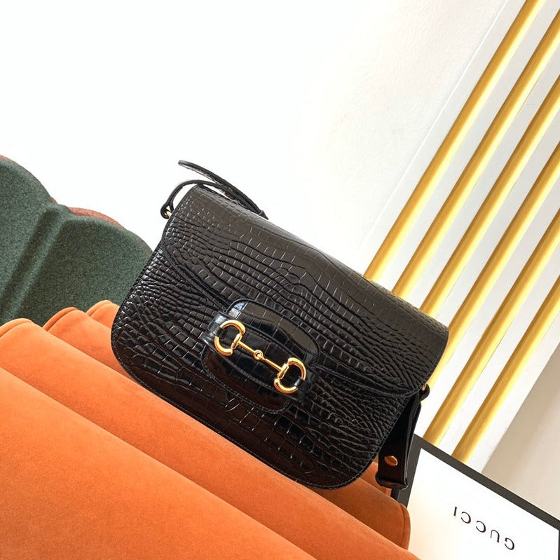 GUCCI 1955 Horsebit Bag 25cm Black Crocodile Leather Gold Hardware