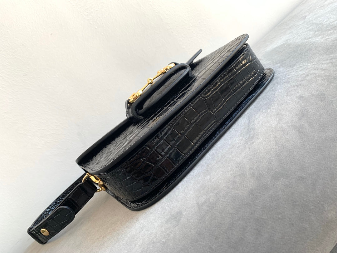 GUCCI 1955 Horsebit Bag 25cm Black Crocodile Leather Gold Hardware