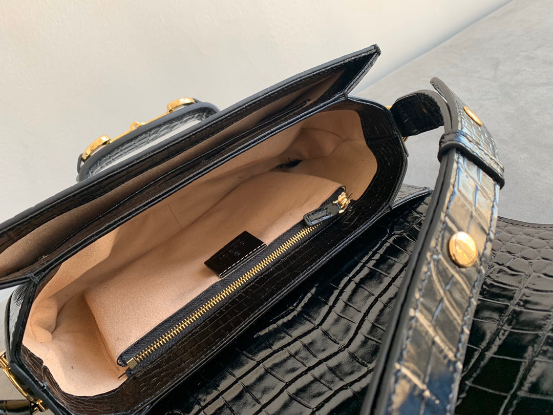 GUCCI 1955 Horsebit Bag 25cm Black Crocodile Leather Gold Hardware