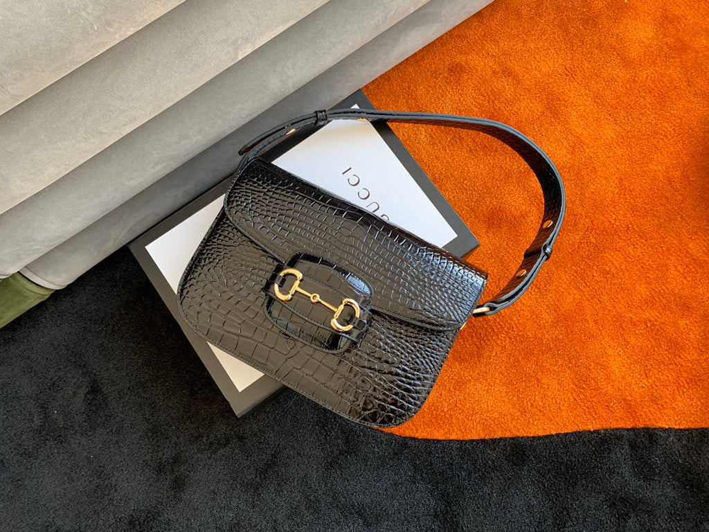 GUCCI 1955 Horsebit Bag 25cm Black Crocodile Leather Gold Hardware