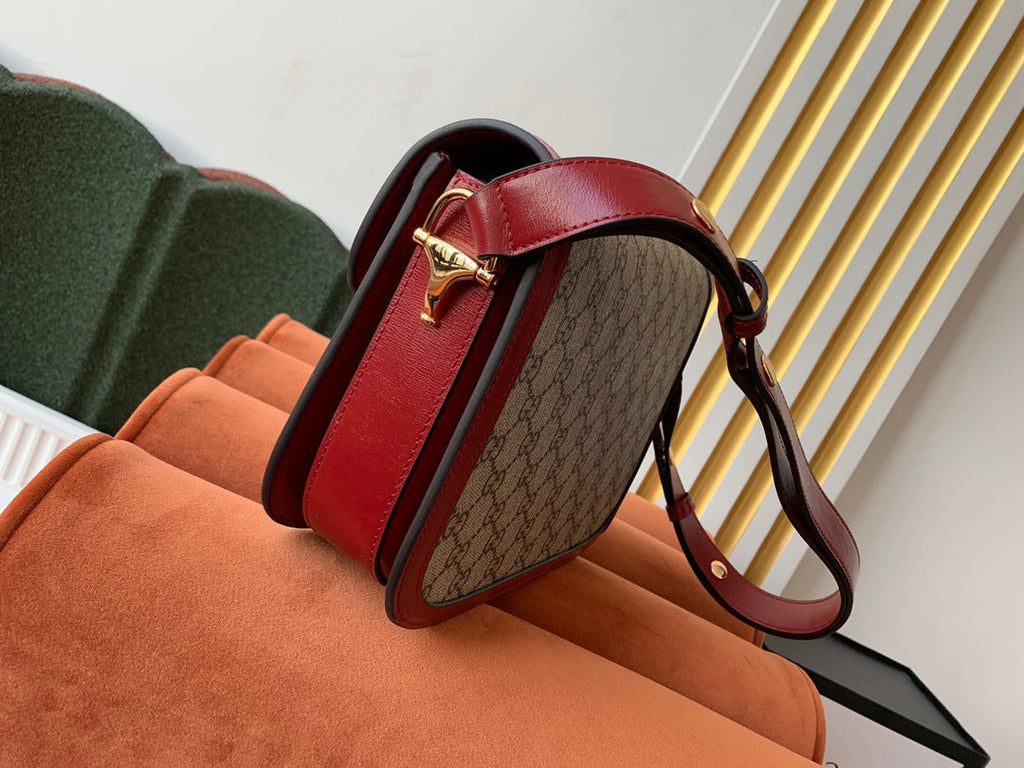GUCCI 1955 Horsebit Bag 25cm Red Leather Beige Canvas Gold Hardware
