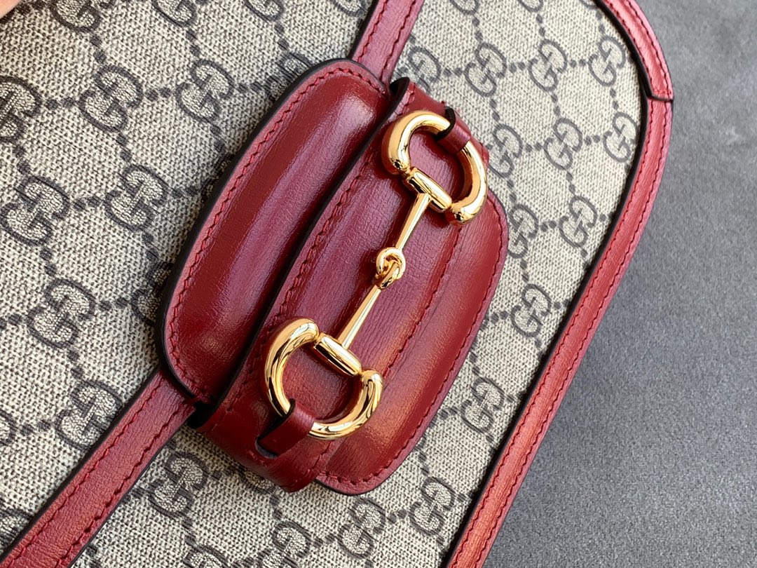 GUCCI 1955 Horsebit Bag 25cm Red Leather Beige Canvas Gold Hardware