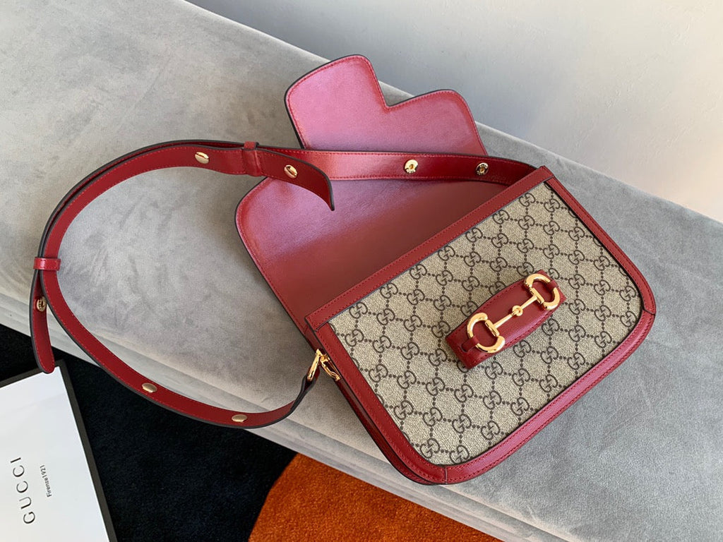 GUCCI 1955 Horsebit Bag 25cm Red Leather Beige Canvas Gold Hardware