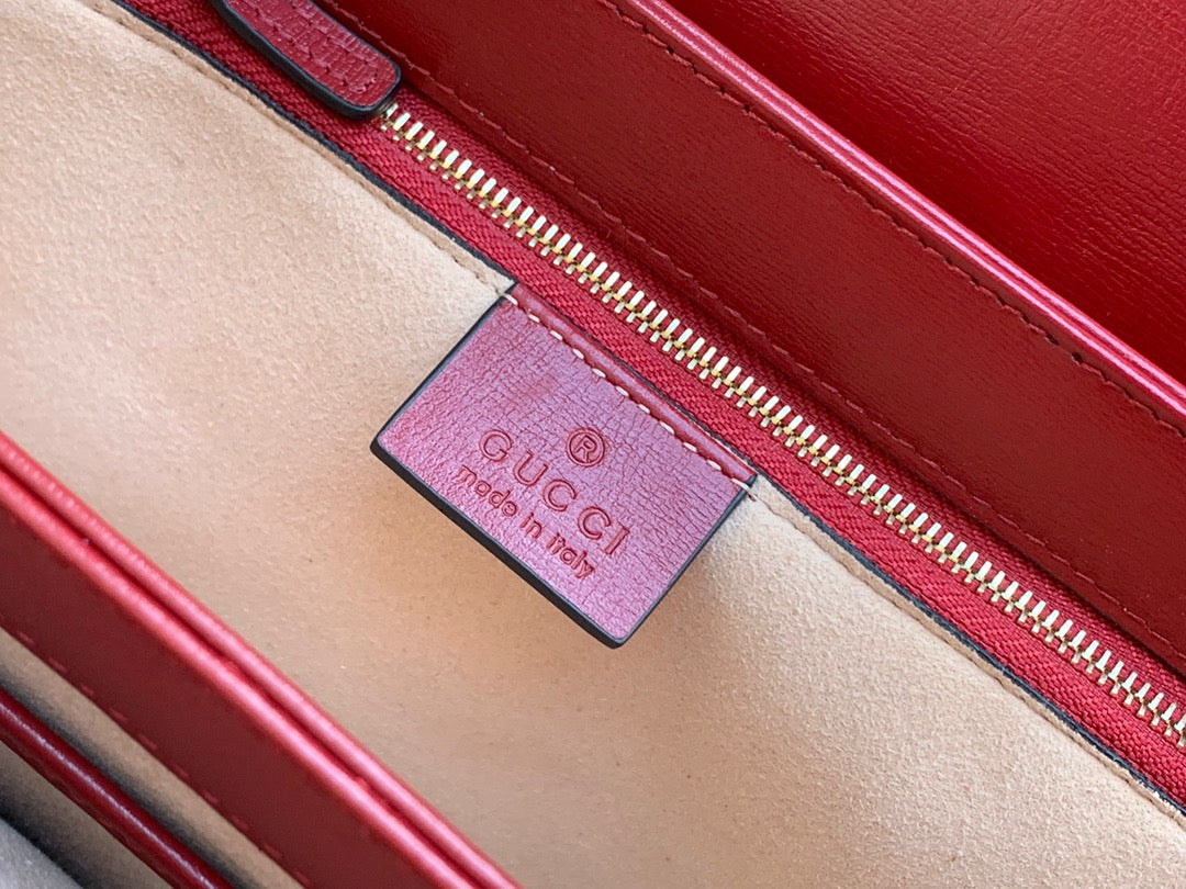 GUCCI 1955 Horsebit Bag 25cm Red Leather Beige Canvas Gold Hardware