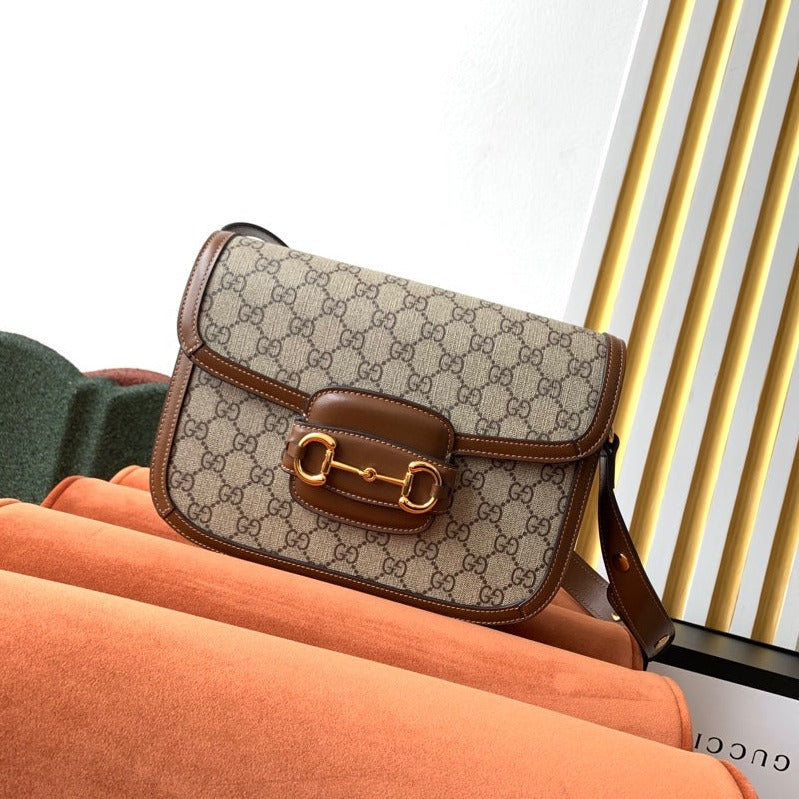 GUCCI 1955 Horsebit Bag 25cm Brown Leather Beige Canvas Gold Hardware