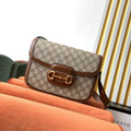 GUCCI 1955 Horsebit Bag 25cm Brown Leather Beige Canvas Gold Hardware