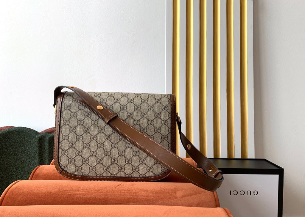GUCCI 1955 Horsebit Bag 25cm Brown Leather Beige Canvas Gold Hardware