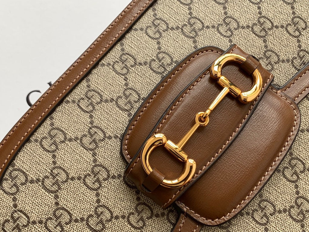 GUCCI 1955 Horsebit Bag 25cm Brown Leather Beige Canvas Gold Hardware