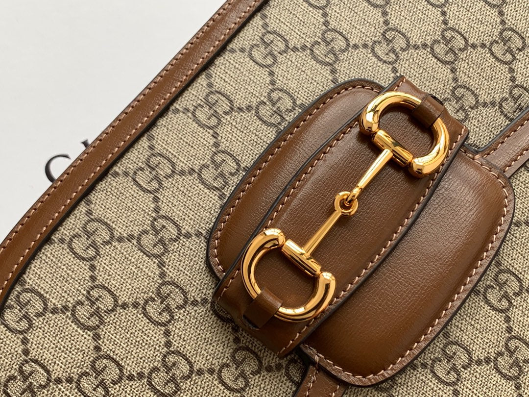 GUCCI 1955 Horsebit Bag 25cm Brown Leather Beige Canvas Gold Hardware
