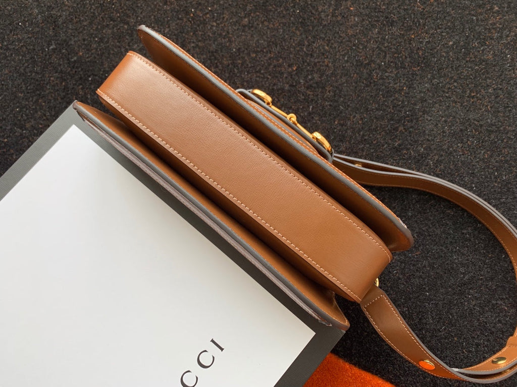 GUCCI 1955 Horsebit Bag 25cm Brown Leather Beige Canvas Gold Hardware
