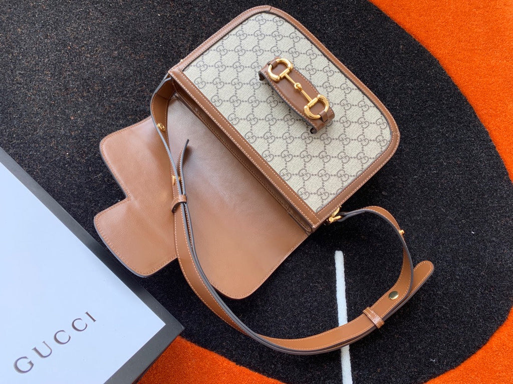 GUCCI 1955 Horsebit Bag 25cm Brown Leather Beige Canvas Gold Hardware