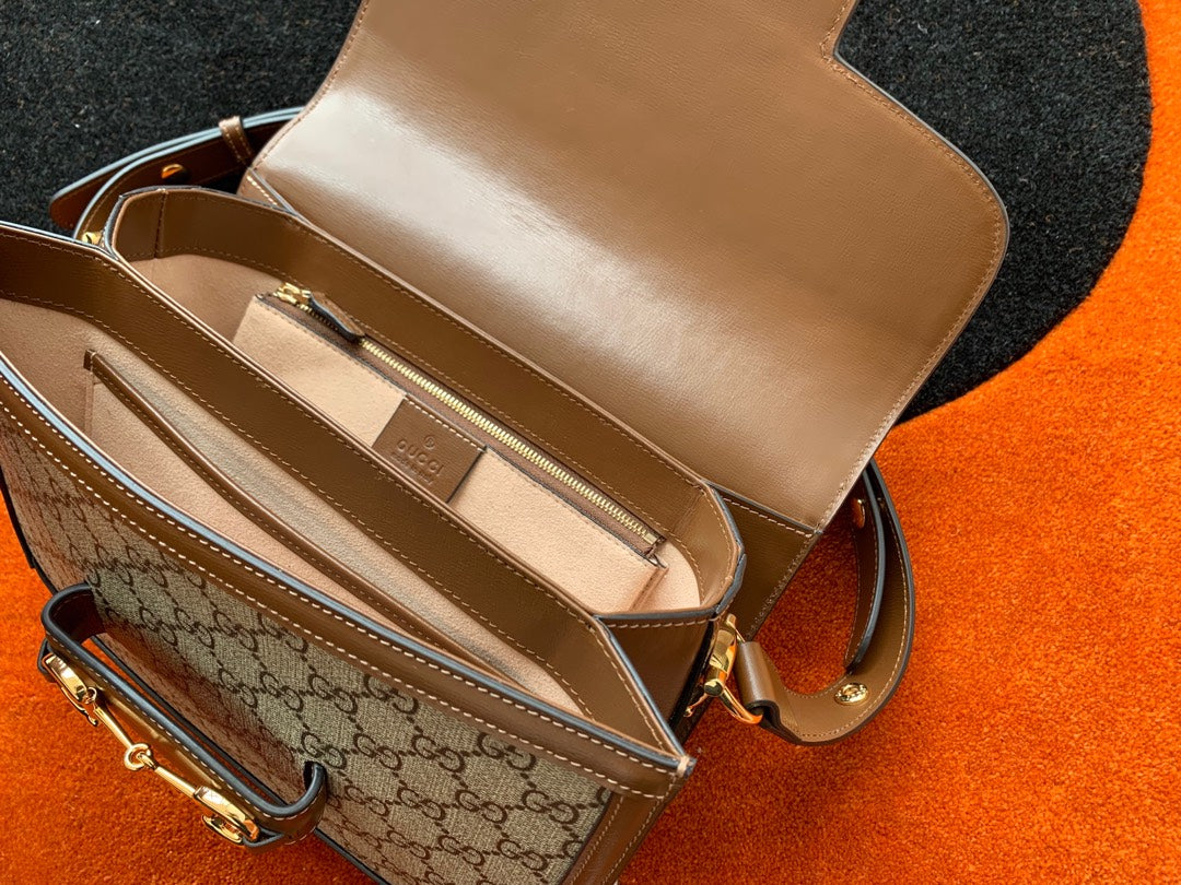 GUCCI 1955 Horsebit Bag 25cm Brown Leather Beige Canvas Gold Hardware