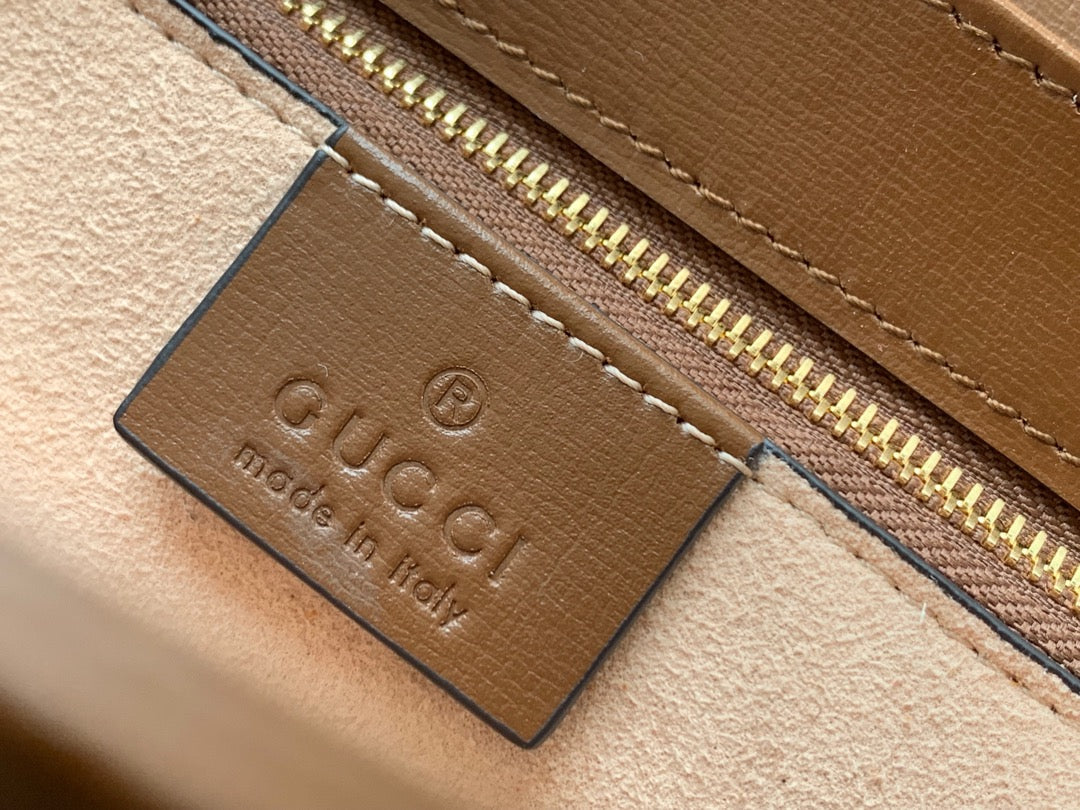 GUCCI 1955 Horsebit Bag 25cm Brown Leather Beige Canvas Gold Hardware