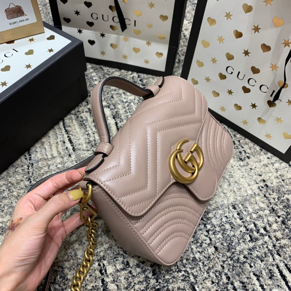 GUCCI Marmont 21cm Mini Top Dark Beige Calfskin Gold Hardware