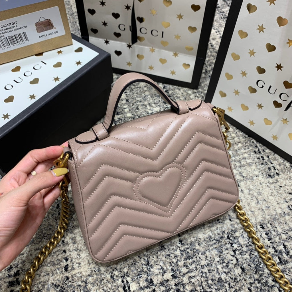 GUCCI Marmont 21cm Mini Top Dark Beige Calfskin Gold Hardware