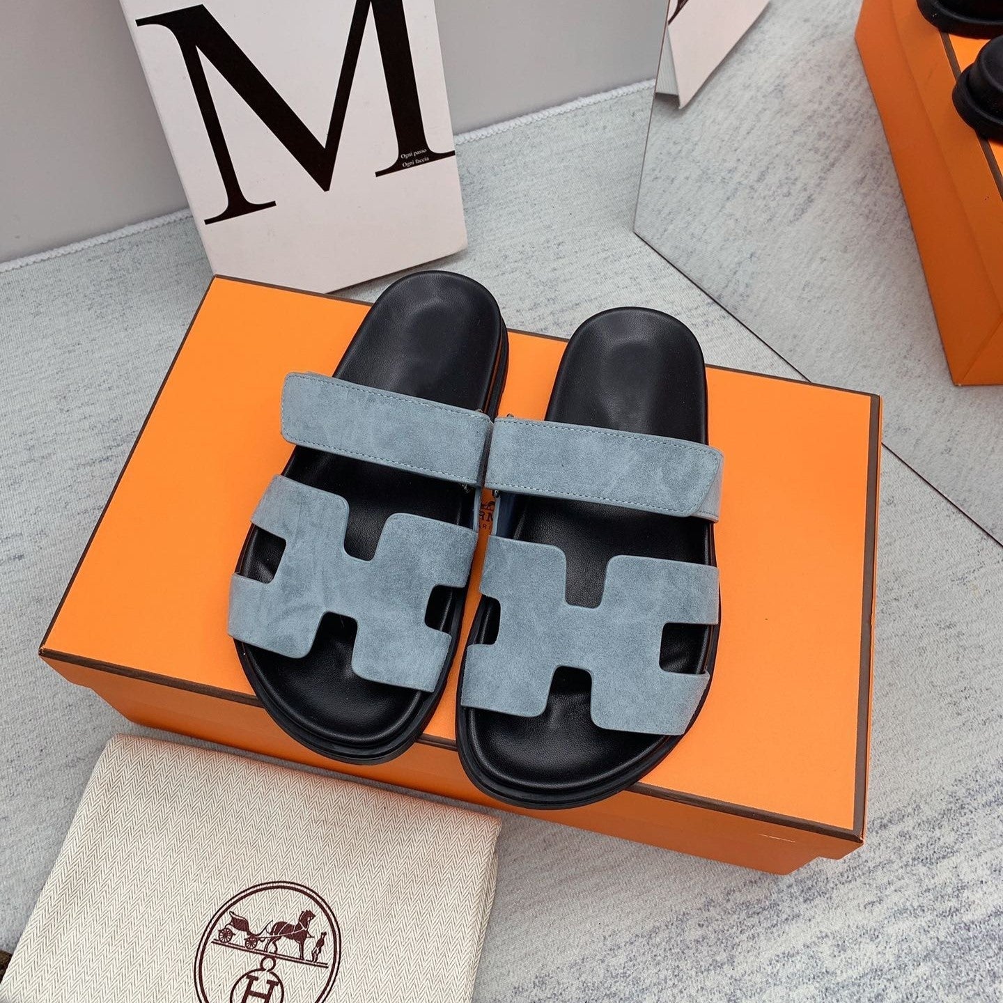 HERMES Chypre Sandal Black insole Light Blue lining