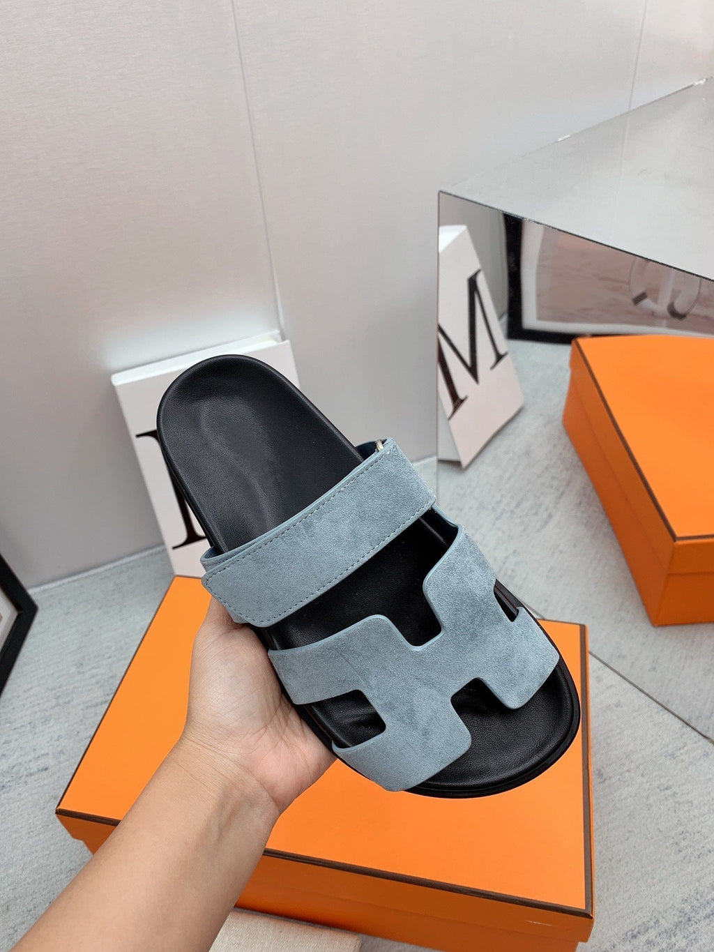 HERMES Chypre Sandal Black insole Light Blue lining