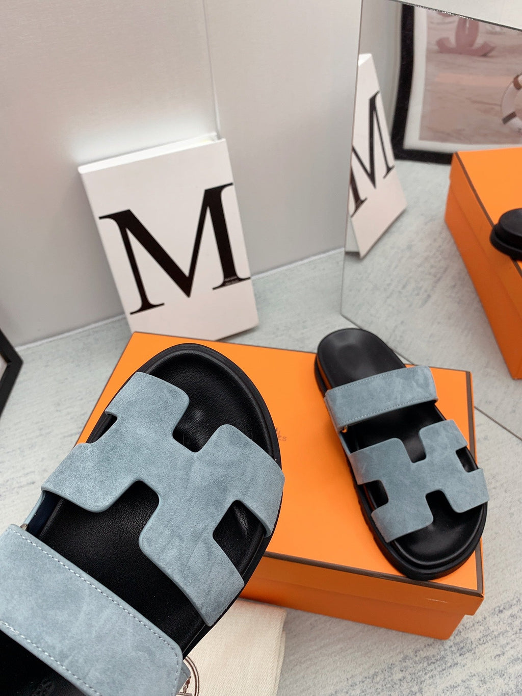 HERMES Chypre Sandal Black insole Light Blue lining