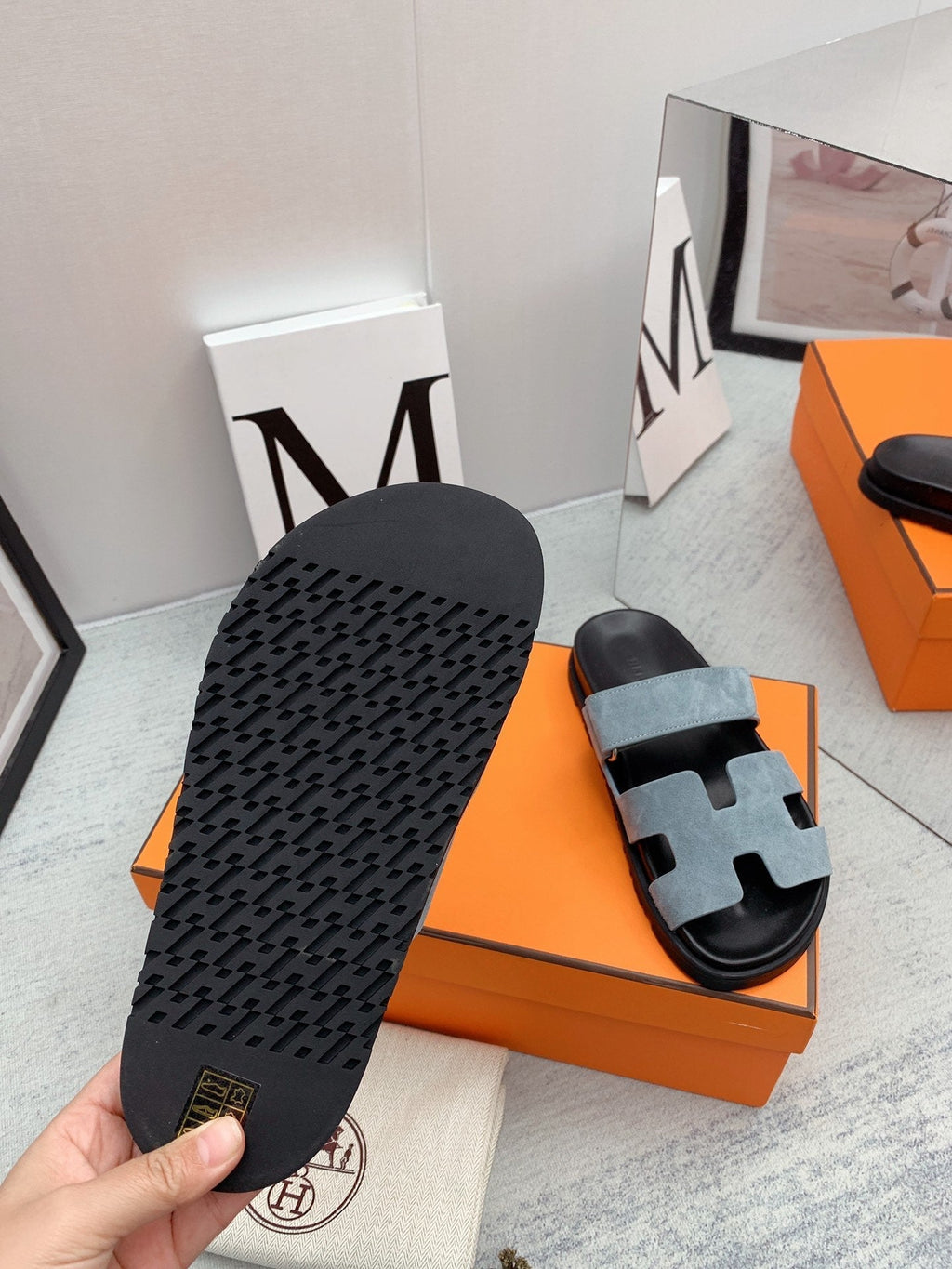 HERMES Chypre Sandal Black insole Light Blue lining
